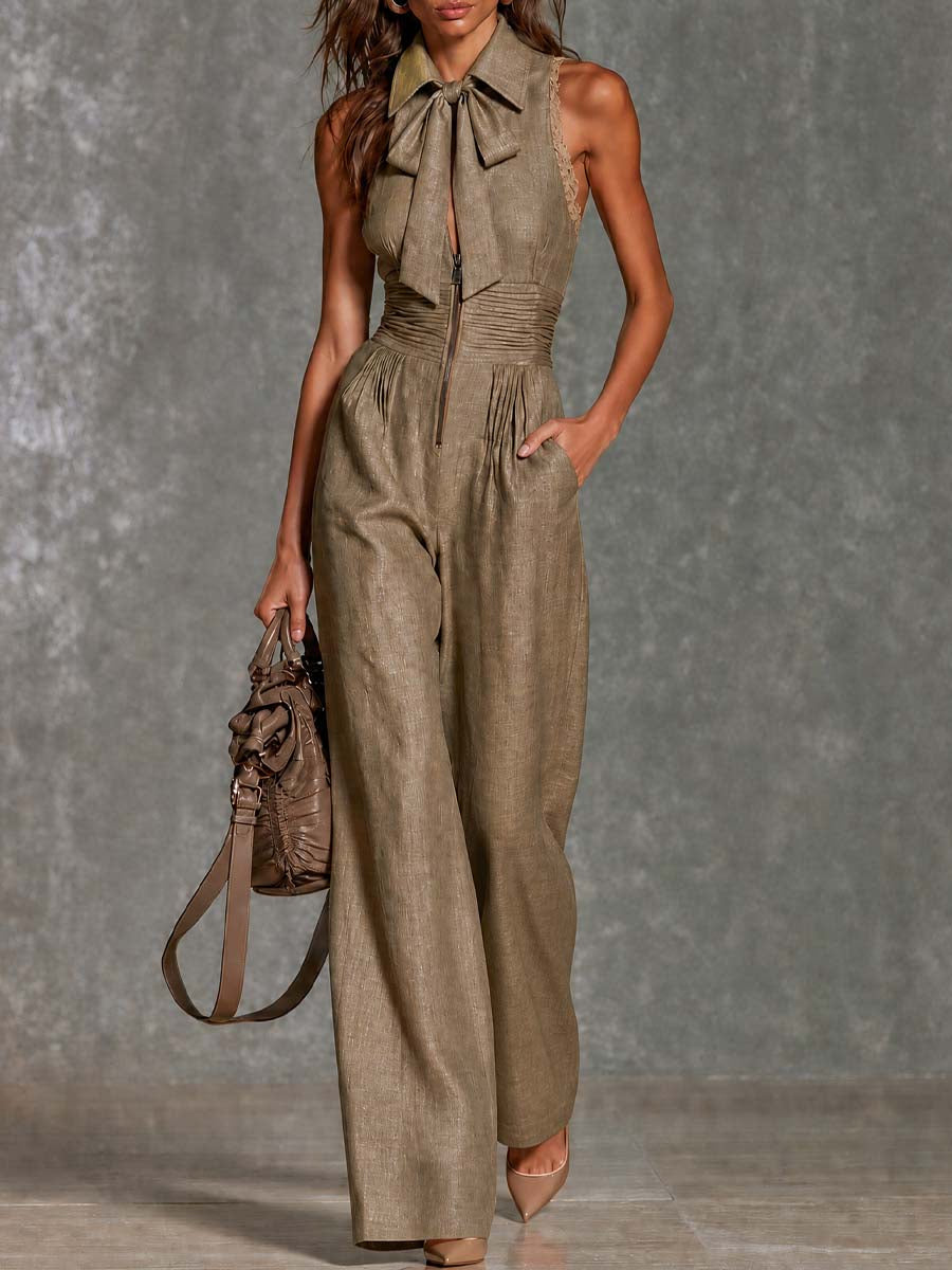 Vintage tie-neck sleeveless wide-leg jumpsuit with lace trim