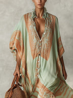 Green Printed Maxi Dress with Fringed Hem
