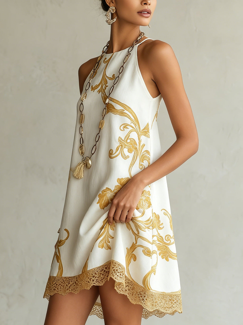 White Gold Printed Lace Trim Mini Dress