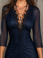 Vintage lace-trim pleated drawstring mesh mini dress