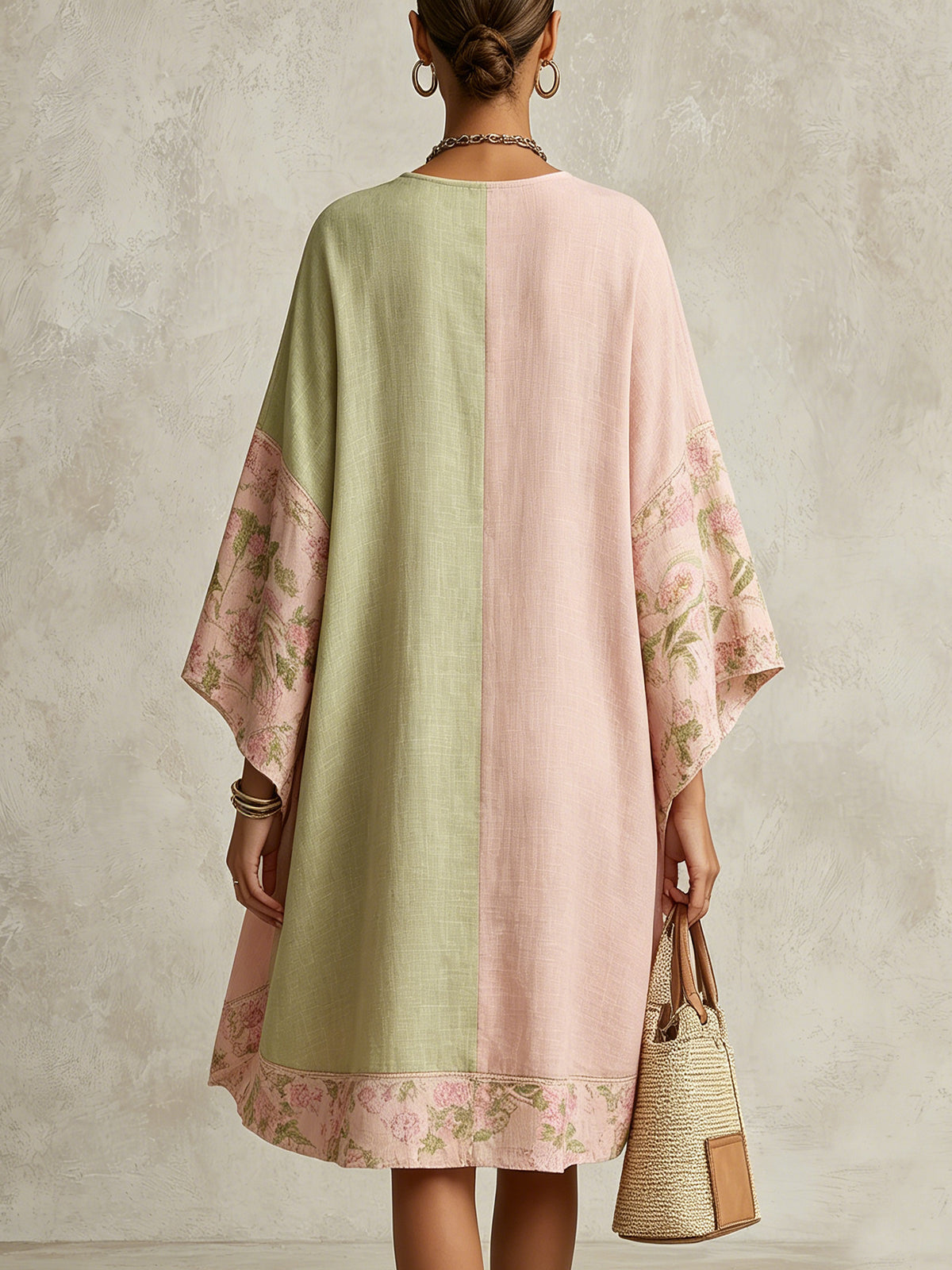 Green and Pink Color-Block Floral-Trim Midi Dress
