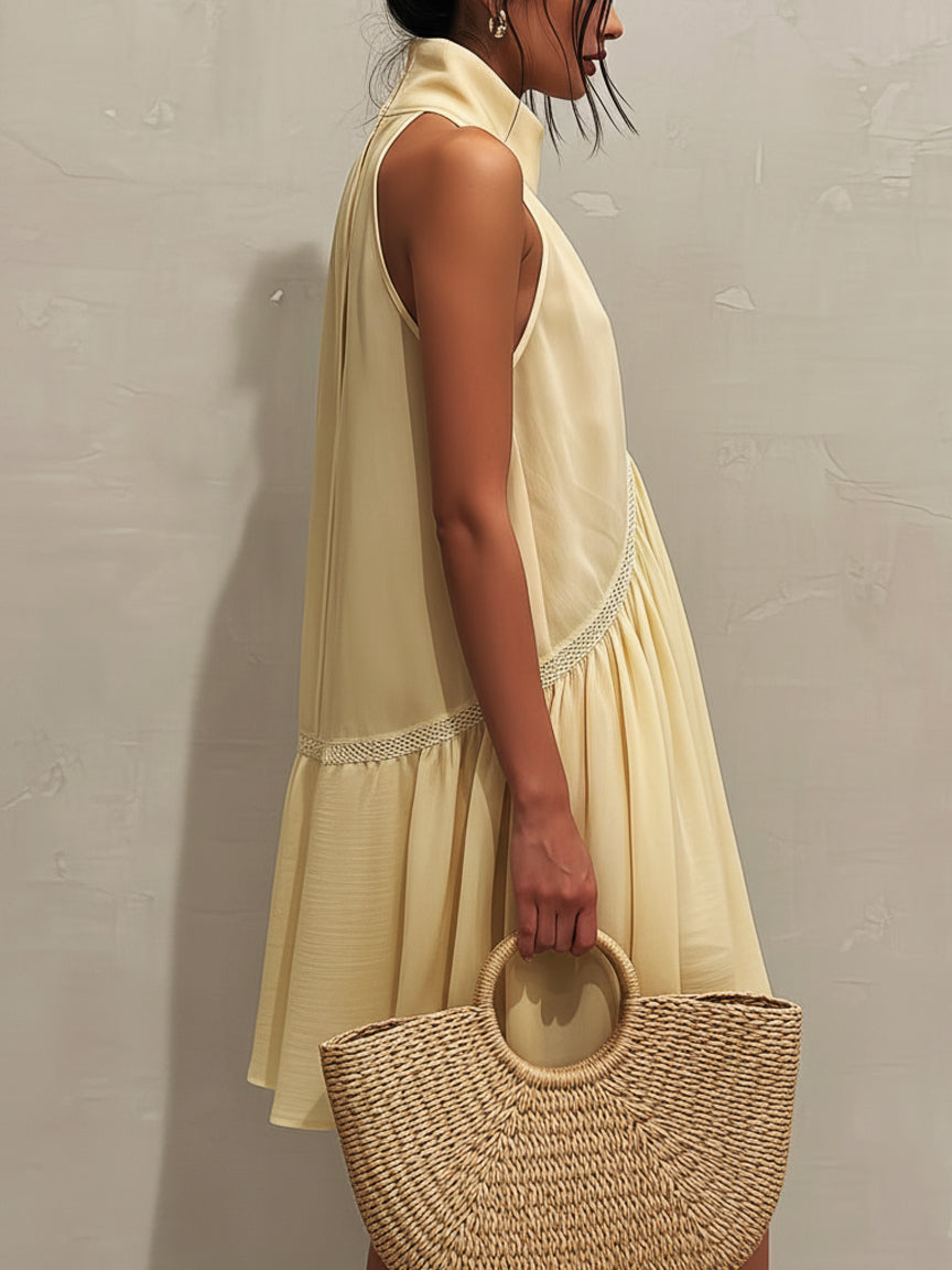 Yellow Sleeveless Mini Dress with Deep V-Neck and Lace Trim
