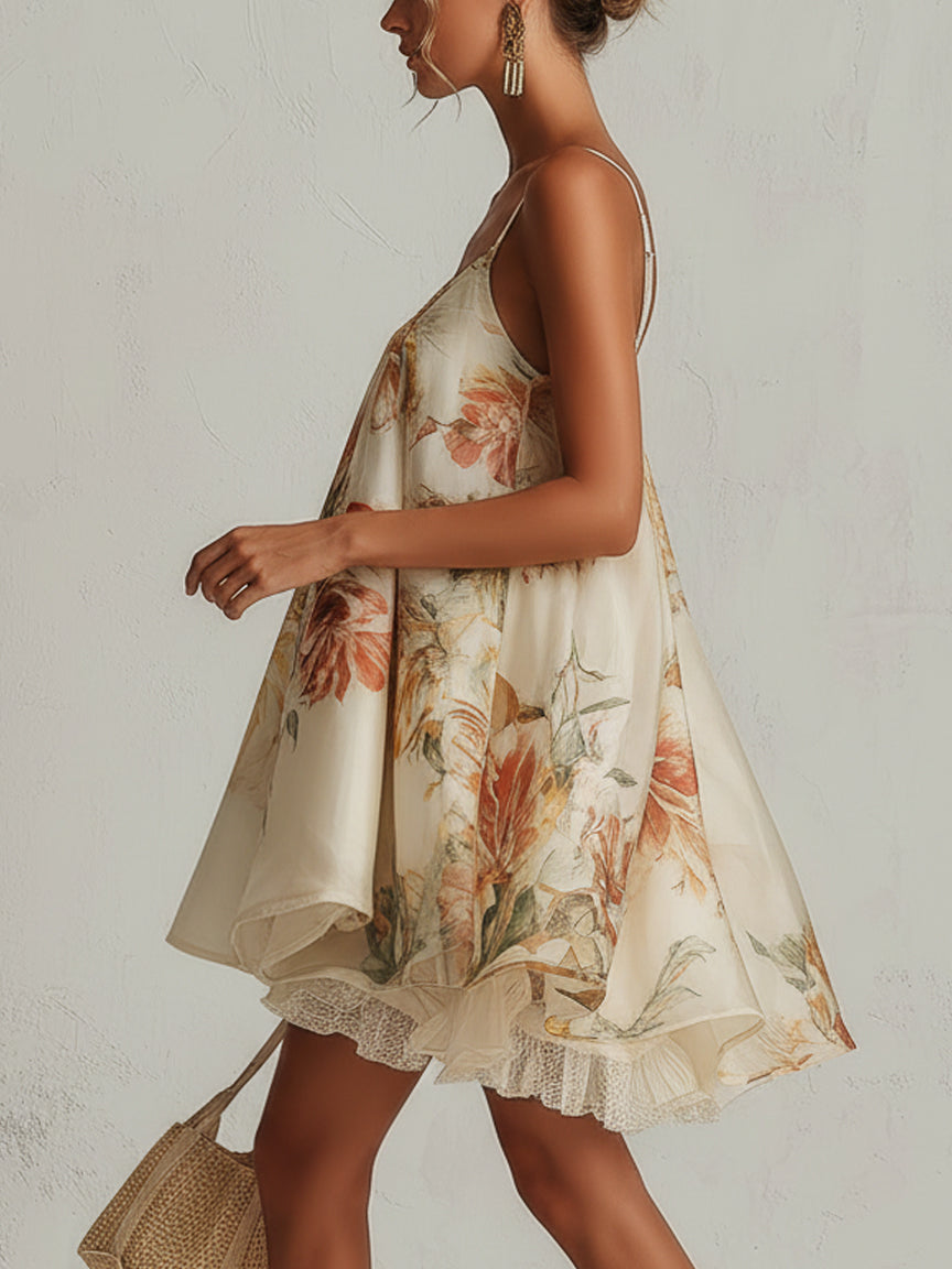 Beige floral organza A-line mini dress with lace trim