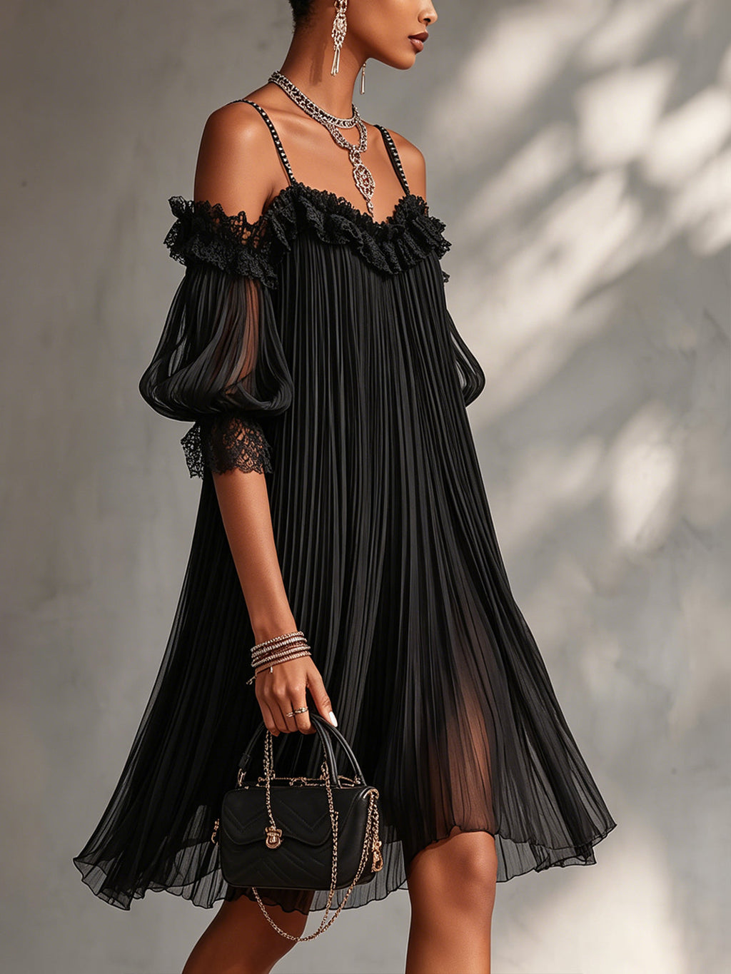 Black Off-Shoulder Chiffon Mini Dress with Lace Trim
