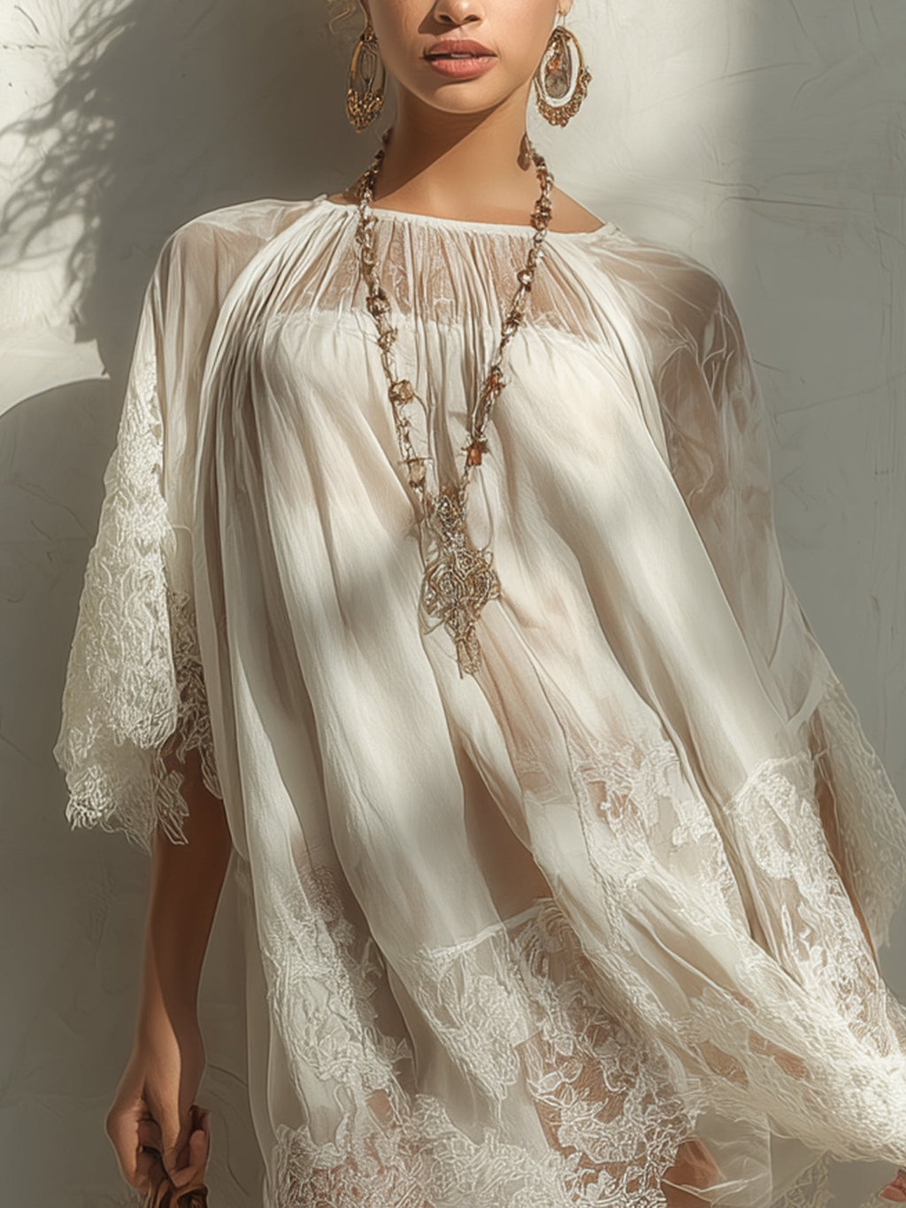 White Lace-Paneled Chiffon Mini Dress