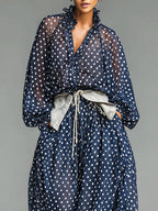 Casual Polka-Dot Chiffon Loose-Fit Long-Sleeve Top and Pants Set(Belt included)