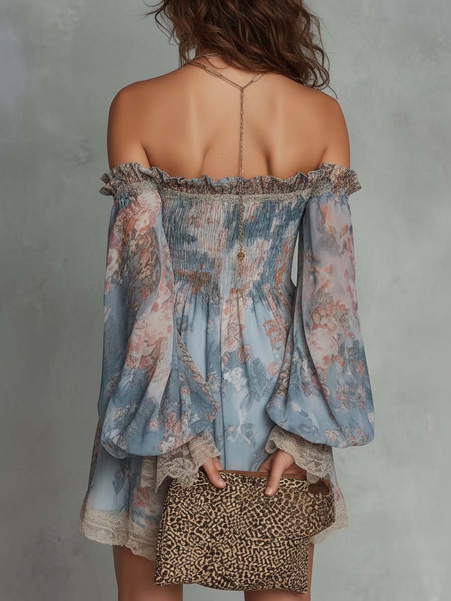 Romantic Floral Off-Shoulder Ruched Chiffon Mini Dress