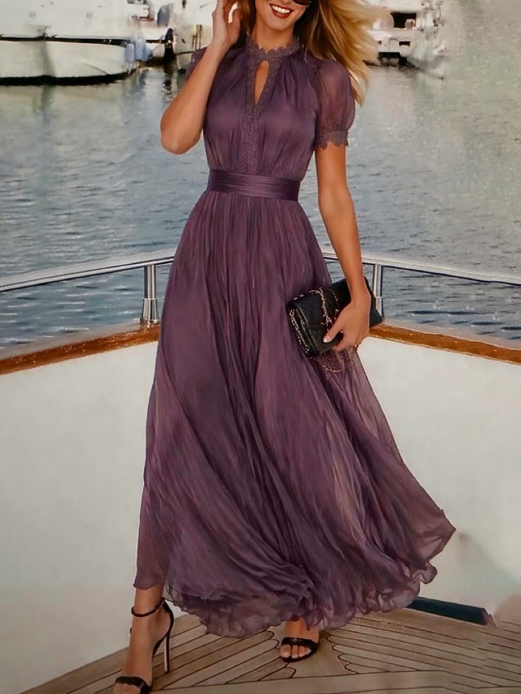 Purple Keyhole Neckline Chiffon Lace Trim Maxi Dress