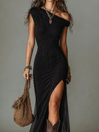 Boho Black Front Slit One-shoulder Maxi Dress With Side-split Hem