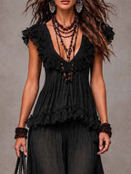 Black Bohemian V-Neck Lace Top and Harem Pants Set