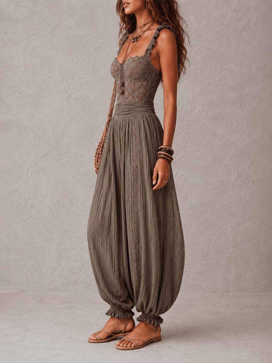 Grey Lace Bandeau and Pleated Cotton Harem Pants Set