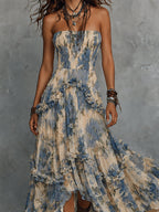 Elegant strapless printed chiffon maxi dress with  ruffles