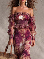 Rose Pink Floral Off-Shoulder Chiffon Maxi Dress