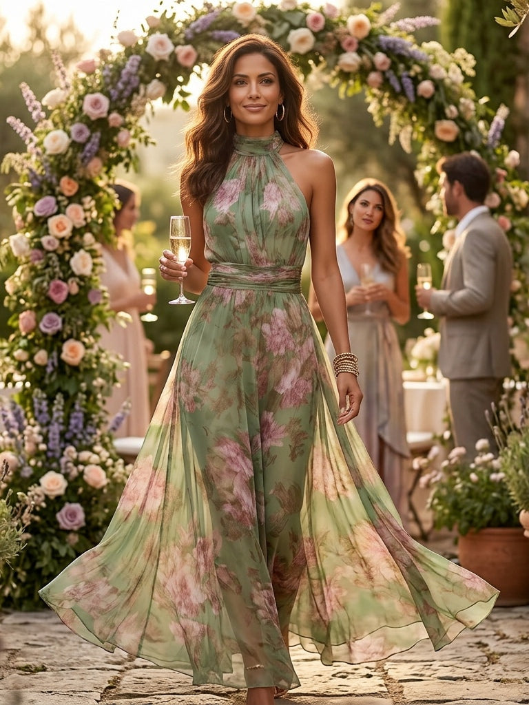 Green Floral Chiffon Halter Maxi Dress