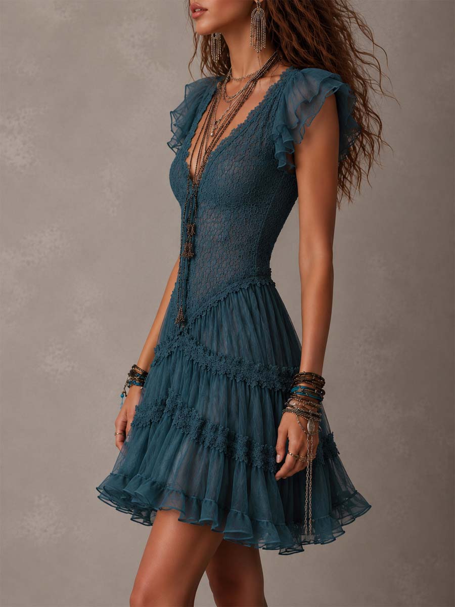Retro Blue Lace & Chiffon Ruffled Mini Dress