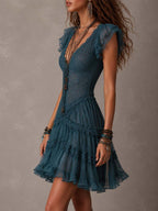 Retro Blue Lace & Chiffon Ruffled Mini Dress