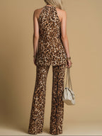 Elegant Leopard Print Sleeveless Chiffon Top And Flared Pants Set
