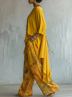 Yellow Asymmetrical Top and Floral Wide-Leg Pants Set