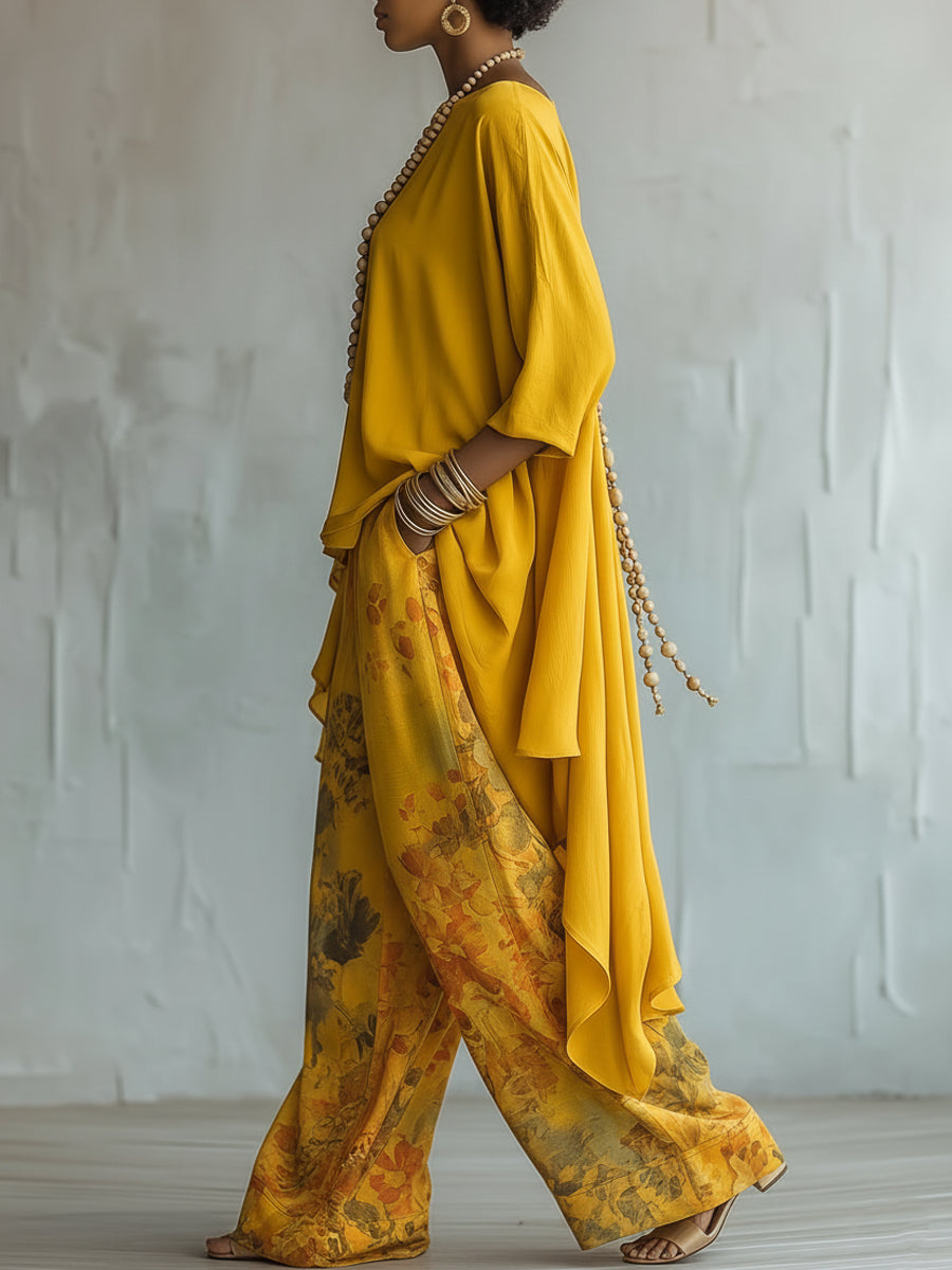 Yellow Asymmetrical Top and Floral Wide-Leg Pants Set