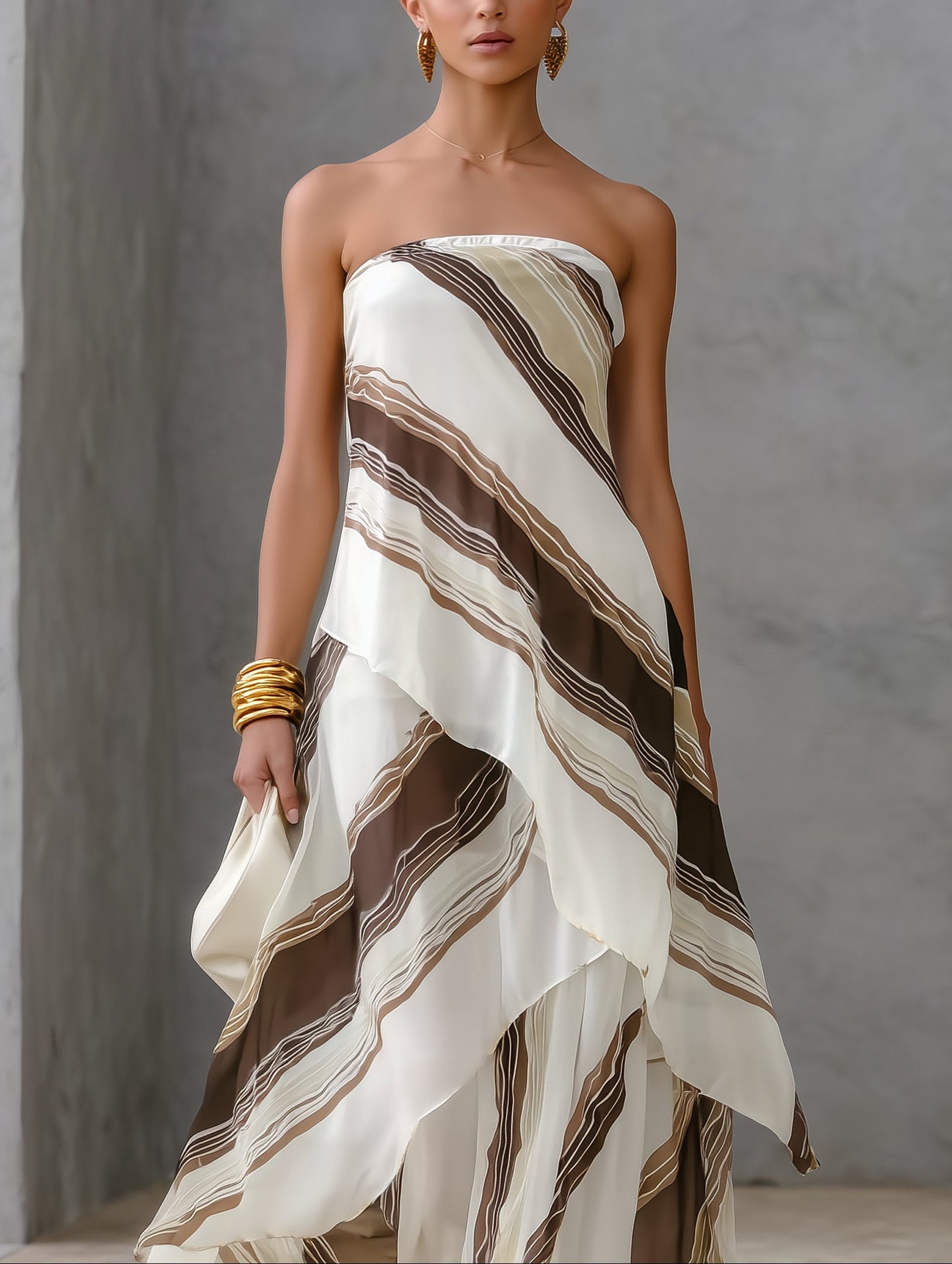 Casual Striped Chiffon Strapless Sleeveless Maxi Dress