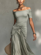Grey Stretch Fabric And Chiffon Maxi Dress
