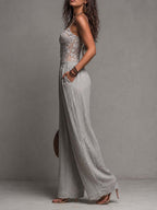 Bohemian Grey Lace-Trimmed Pleated Wide-Leg Jumpsuit