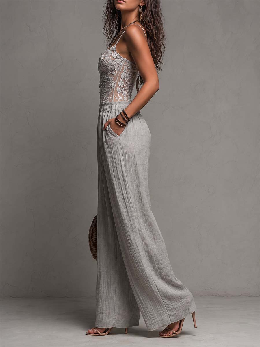Bohemian Grey Lace-Trimmed Pleated Wide-Leg Jumpsuit