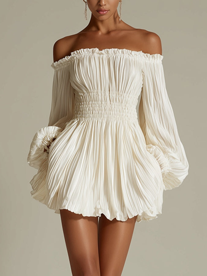 White off-shoulder ruched smocked-waist mini dress