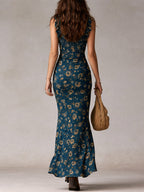 Bohemian Navy Printed Maxi Dress with Ruffled Sleeves