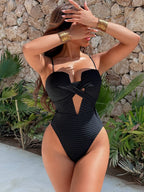 Solid-Color Vertical-Striped Openwork Tie-Side One-Piece Swimsuit