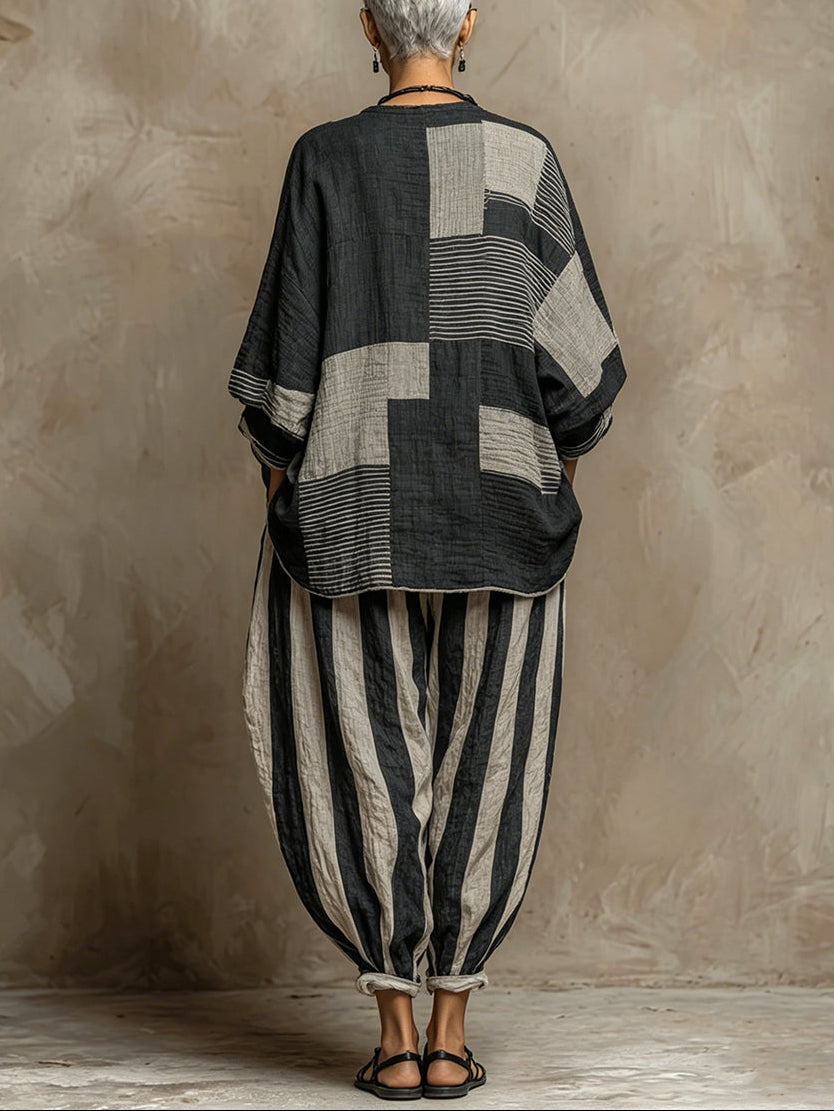 Casual Color-Block Printed Long-Sleeve Top And Pants Set