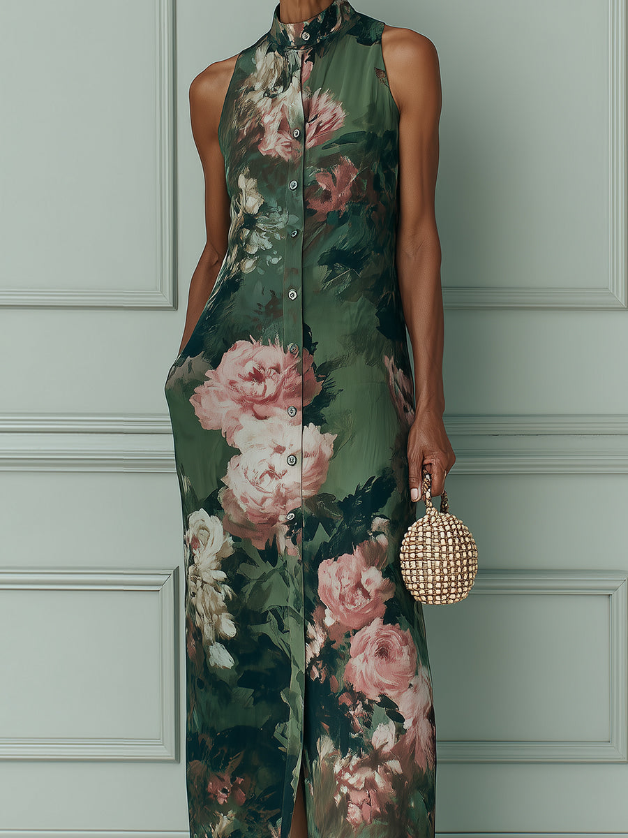 Vintage Floral Oil Painting Print Straight-Cut Maxi Dress