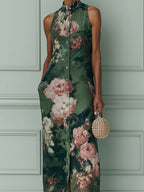 Vintage Floral Oil Painting Print Straight-Cut Maxi Dress