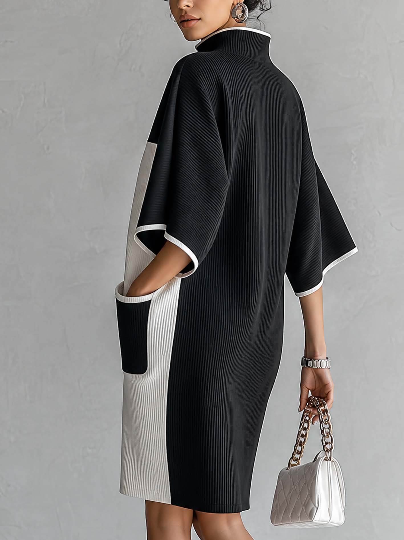Black and white color-block midi dress with batwing sleeves