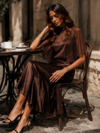 Brown Chiffon Blouse And Satin Midi Dress Two-piece Set