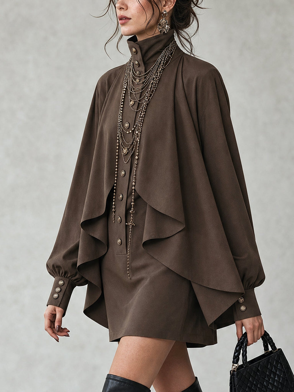 Chocolate high-neck mini dress with cape-style paneling