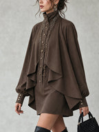 Chocolate high-neck mini dress with cape-style paneling