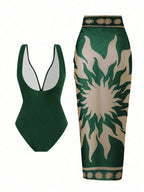 French Vintage Print Deep-V Sexy Swimsuit Set