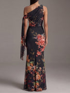 Black One-Shoulder Printed Pleated Chiffon Maxi Dress