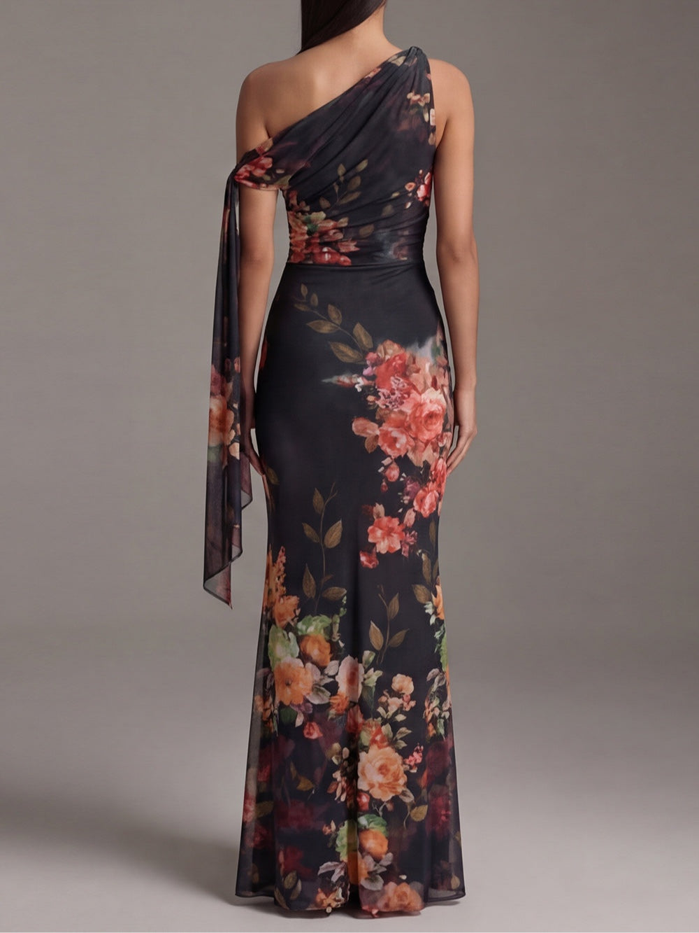 Black One-Shoulder Printed Pleated Chiffon Maxi Dress