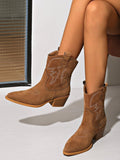 Retro embroidered block heel round toe mid-calf knight boots