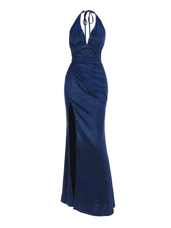 V-Neck Halter Maxi Dress with Subtle Shimmer and Slit