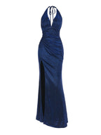 V-Neck Halter Maxi Dress with Subtle Shimmer and Slit