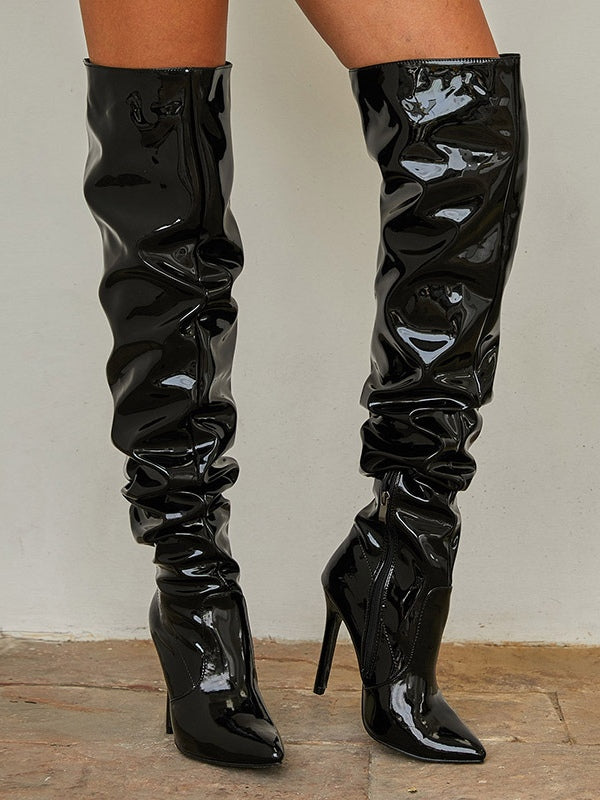 PU Leather Over-the-knee High-heeled Pleated Boots