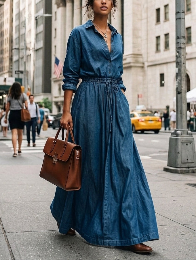 Minimalist Linen-Blend Long-Sleeve Maxi Dress with Drawstring Waist