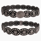 Oval stitching waist belt with large round pattern alloy buckle