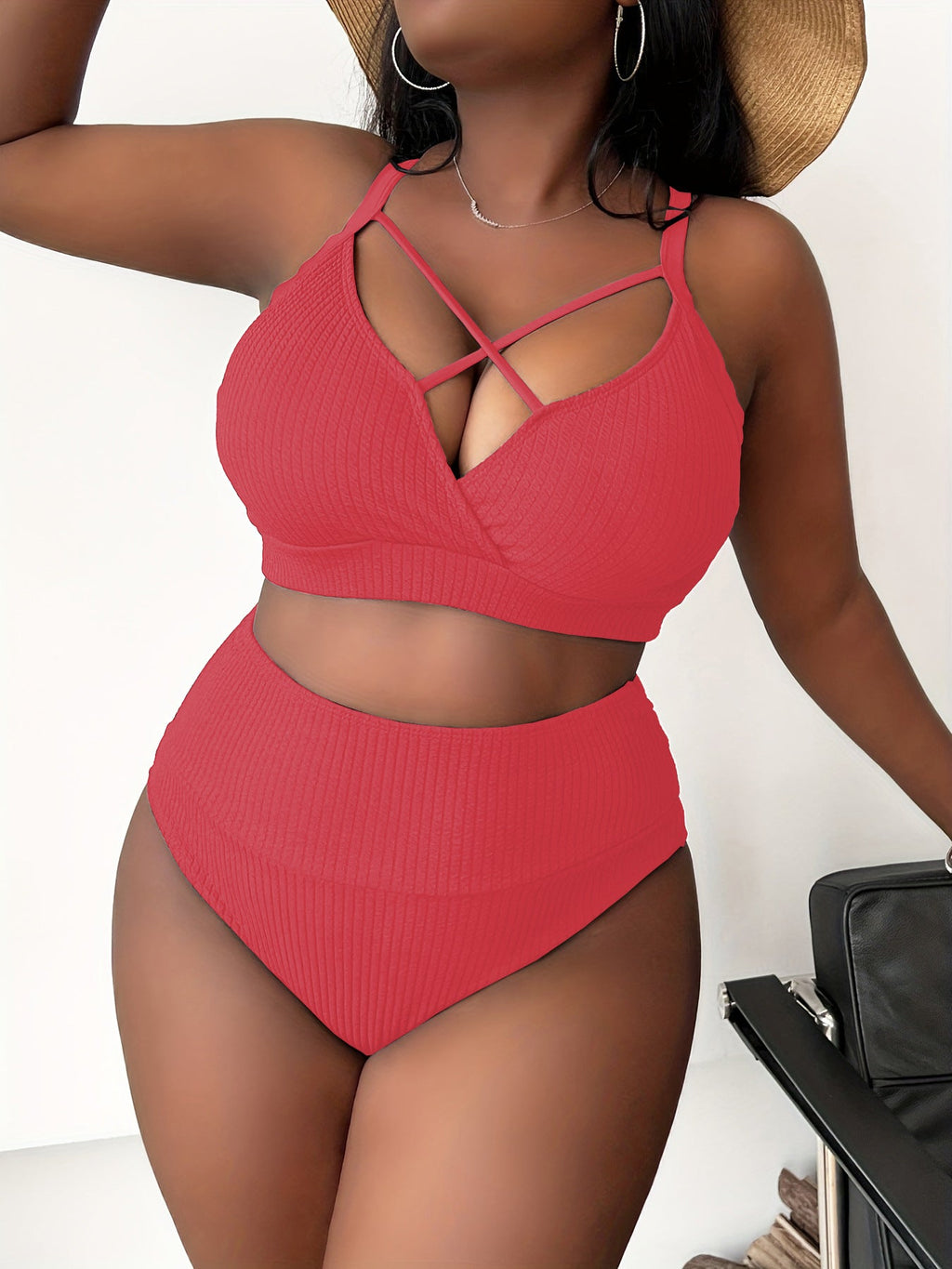 Sexy Plus-Size Solid-Color Spaghetti-Strap High-Waisted Bikini