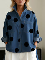 Printed Faux-Denim Casual Shirt with Stand Collar