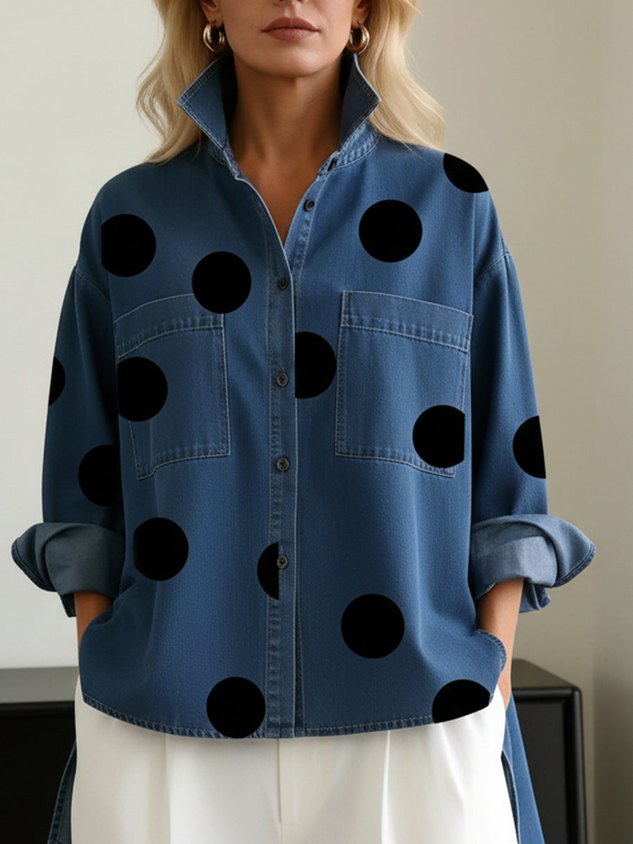 Printed Faux-Denim Casual Shirt with Stand Collar