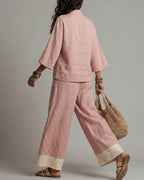 Pink V-neck Shirt And Color-blocked Wide-leg Pants Suit